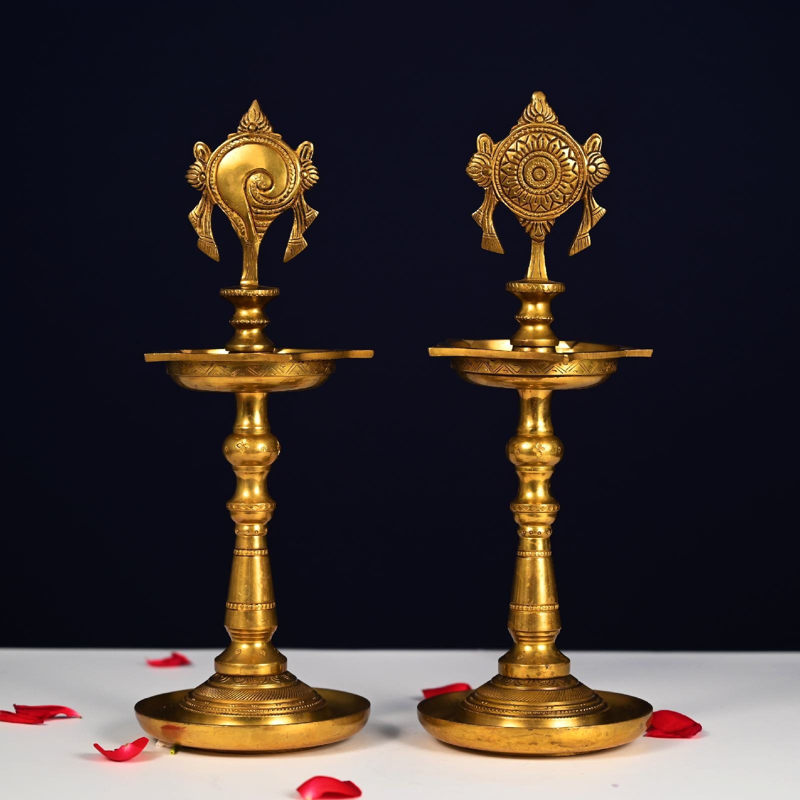 Brass Shankh Chakra Lamp Set