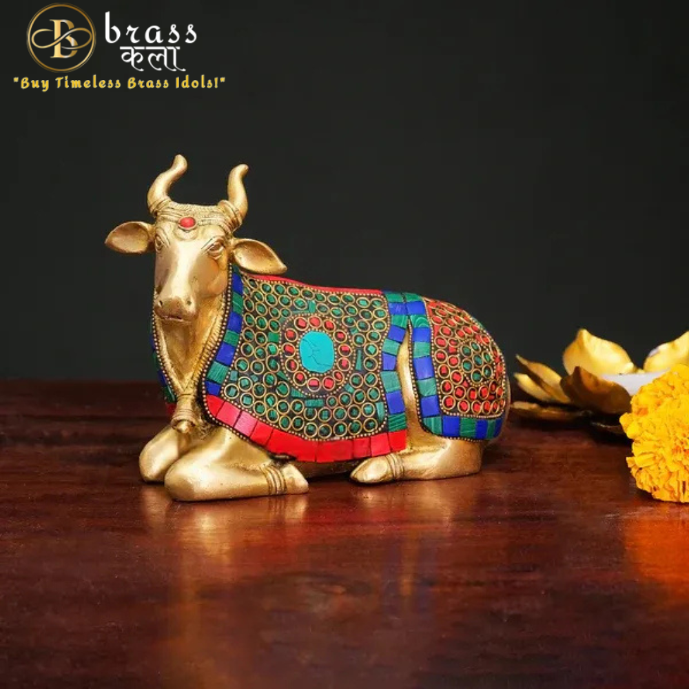 Brass Nandi Cow Sitting Statue With Stonework